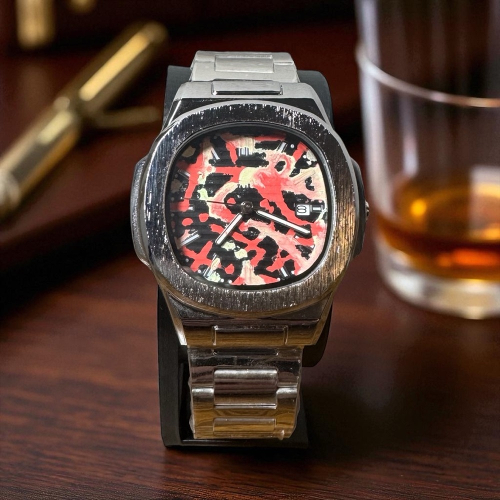 Custom Hand Painted Dial Silver and Black Watch with Red Abstract Paint.